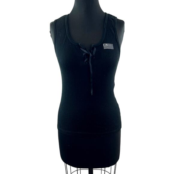 VINTAGE Ralph Lauren Black Tank Top Cotton Ribbed Knit Lace Up Scoop Sz Large L - Picture 1 of 8